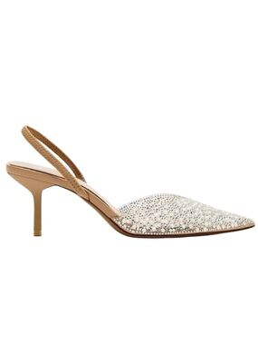 Zara Women's Pearl Rhinestone Embellished Pointed Toe Tan Slingback Heels
